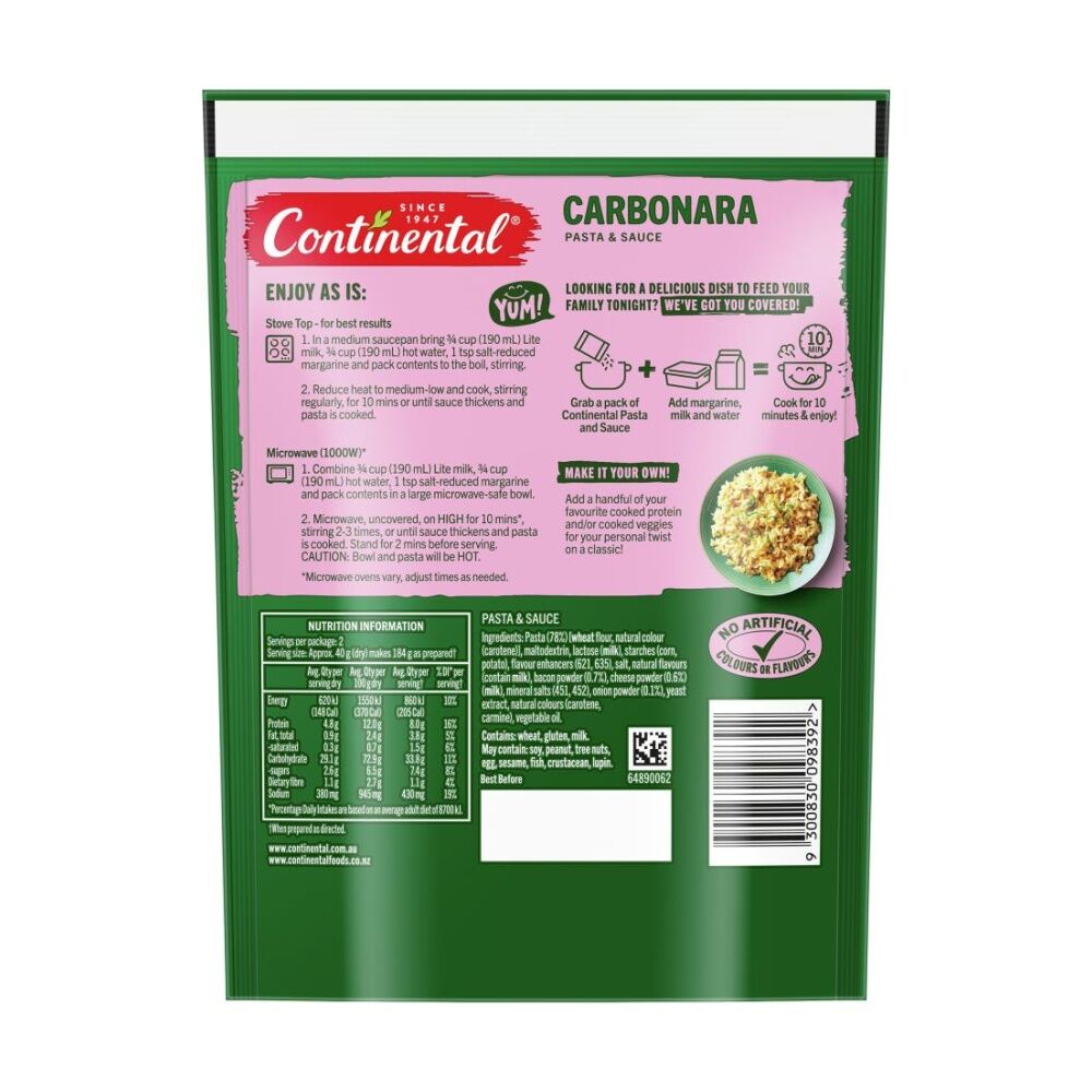 Continental 80g Carbonara Pasta And Sauce - Easy To Cook - Made In Australia 80g — image 2