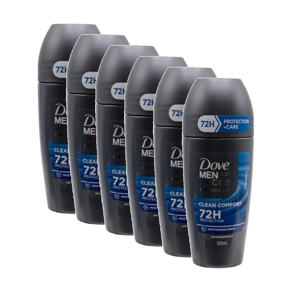 Dove Mens Plus Care Advanced 72H Roll On Antiperspirant 50mL Clean Comfort (6 Pack)
