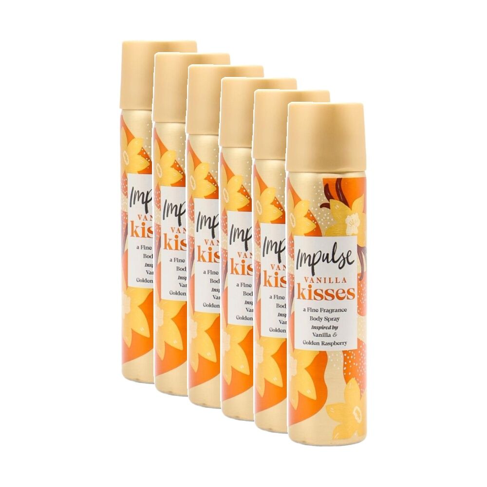 Impulse Body Spray Vanilla Kisses Fine Raspberry Scent Fragrance 75mL (6 Pack)