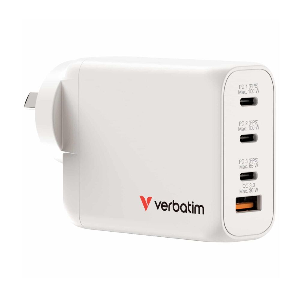 Verbatim White AU/NZ GaN Wall Plug Charger 100W USB 3C&1A 95 Percent PCR Plastic — image 2
