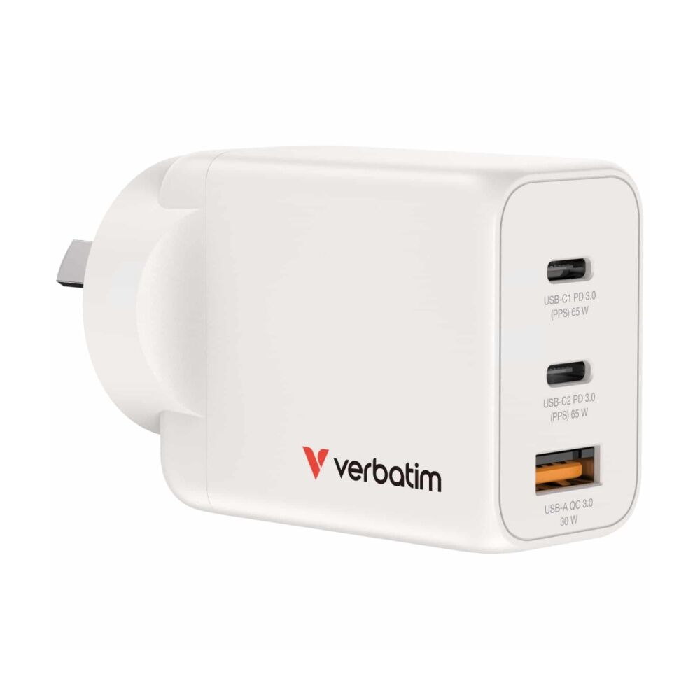 Verbatim White AU/NZ GaN Wall Plug Charger 3 Port 65W USB A/C PCR — image 2
