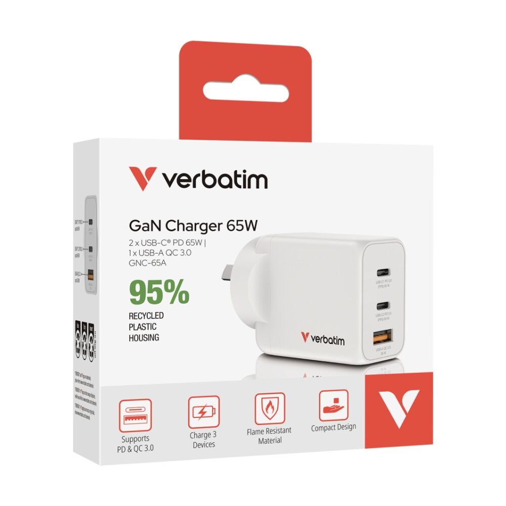 Verbatim White AU/NZ GaN Wall Plug Charger 3 Port 65W USB A/C PCR — image 6