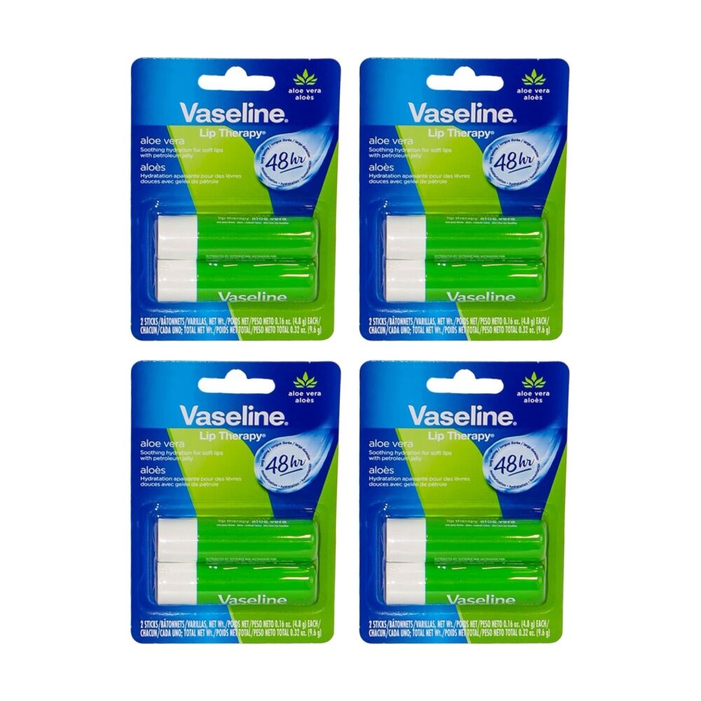 Vaseline 4x 2pc Lip Therapy Aloe Vera 48 Hour Hydration Pack 4.8g