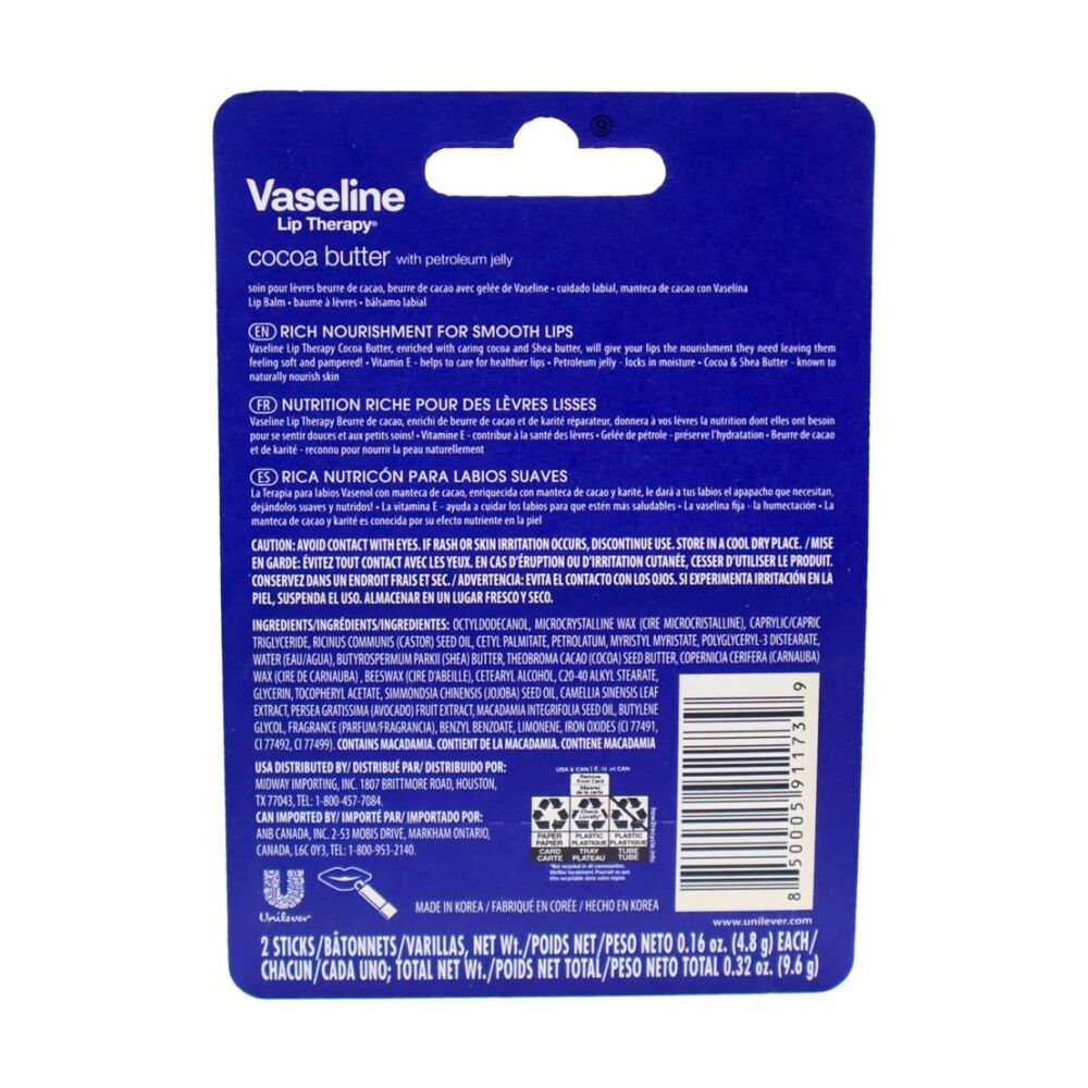 Vaseline 2pc Vaseline Lip Therapy Cocoa Butter 48H Hydration Pack Nourishment 4.8g (2 Pack) — image 3