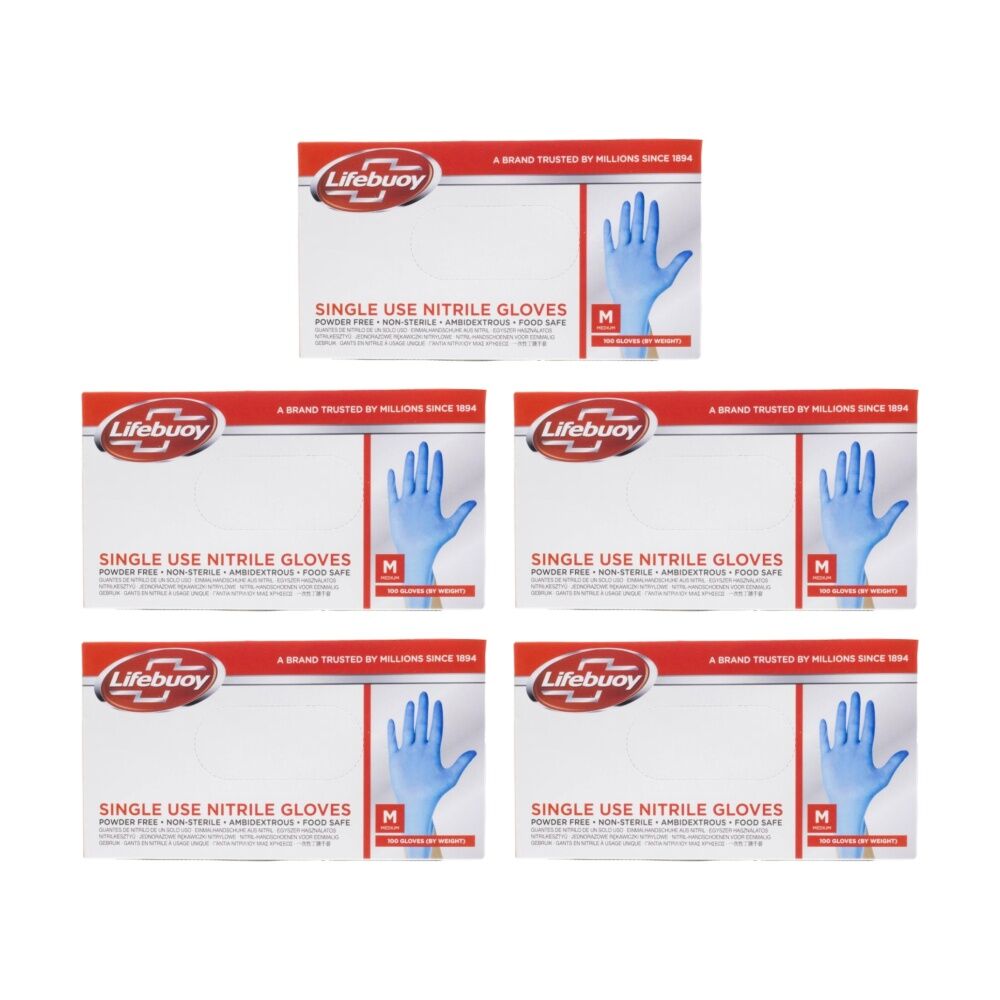 Lifebuoy 100pc Lifebuoy No Powder Single Use Food Safe Nitrile Gloves Medium Blue (5 Pack)