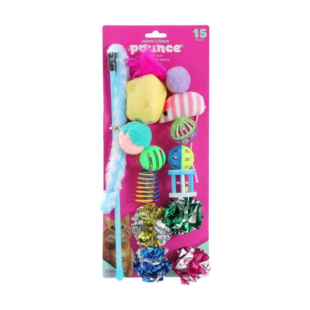 Paws and Claws Pet Cat Dangler/Batting/Pouncing Toy Play Set Multicoloured (15 Pieces)