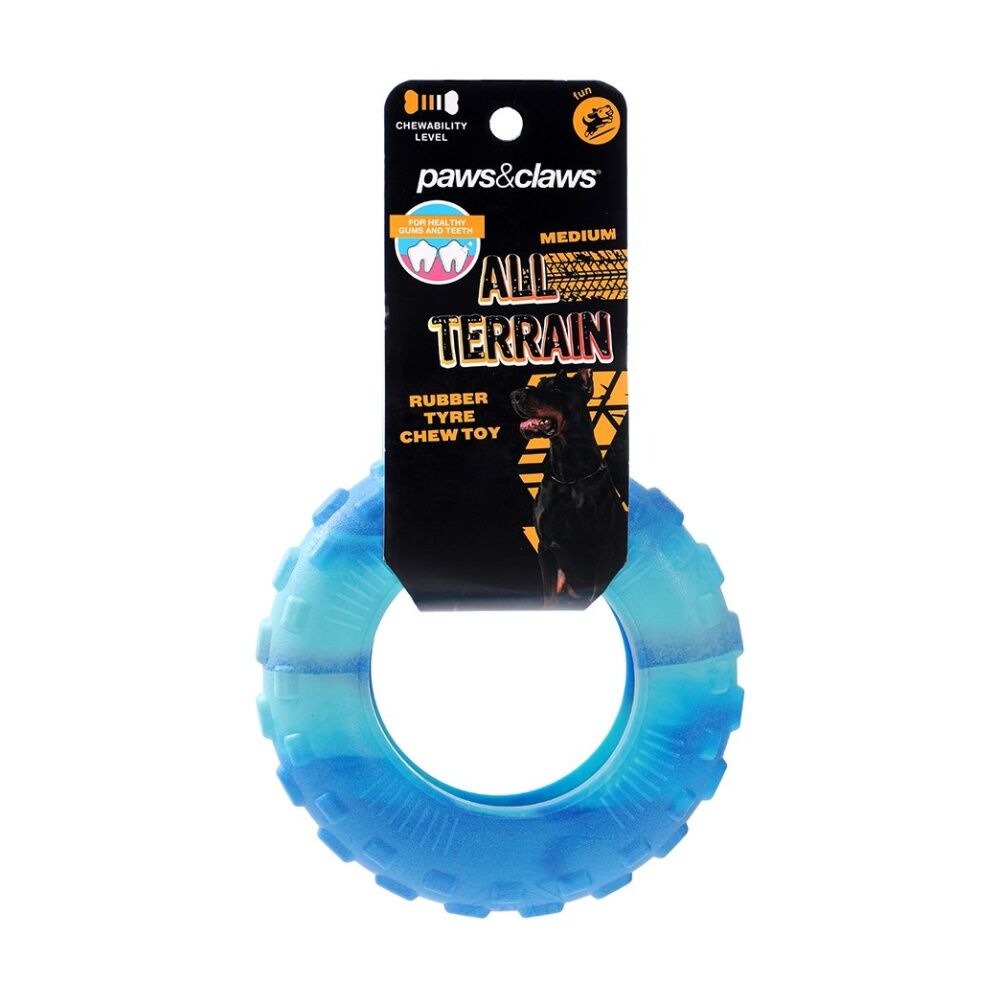 Paws and Claws Blue All Terrain Rubber Tyre Medium Two-Tone Pet Dog Chew/Tug Toy