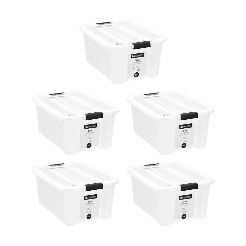 Boxsweden Stow Storage Organisation Clear Container 40.5x29.5x18.5cm 15L (5 Pack)