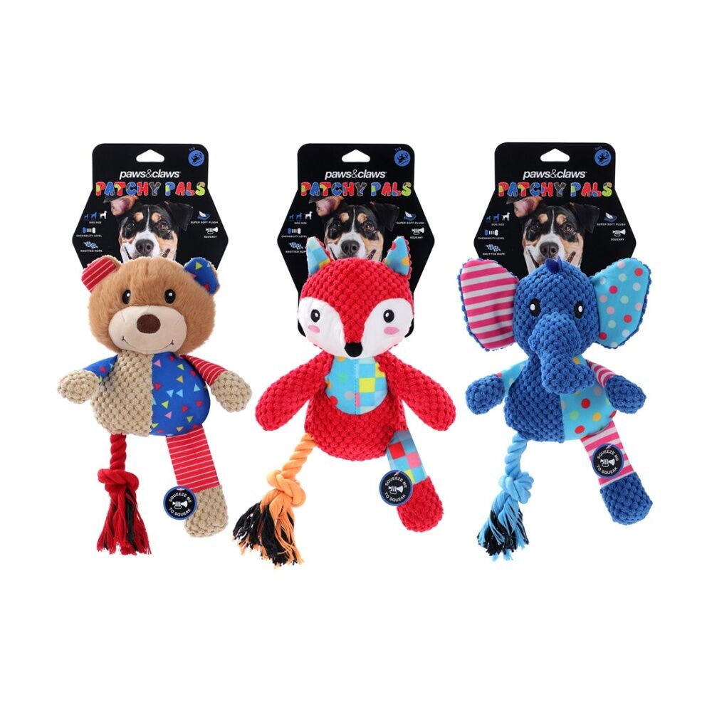 Paws and Claws Patchwork Plush Animals Dog Chew/Tug/Cuddle Toy 26x20cm Assorted (12 Pack) — image 3