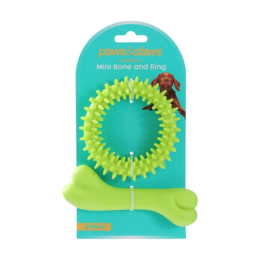 Paws and Claws Mini TPR Bone & Ring Pet Dog Chew/Fetch Toy Set Assorted (2 Pieces)