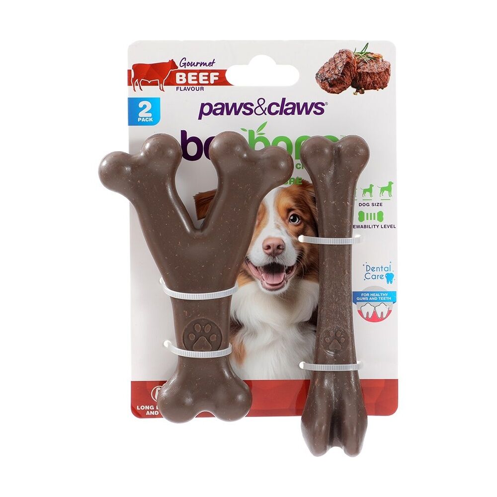 Paws and Claws Boobone Small Wishbone & Bone Dog Chew Toy Set Chicken/Beef (2 Pieces)
