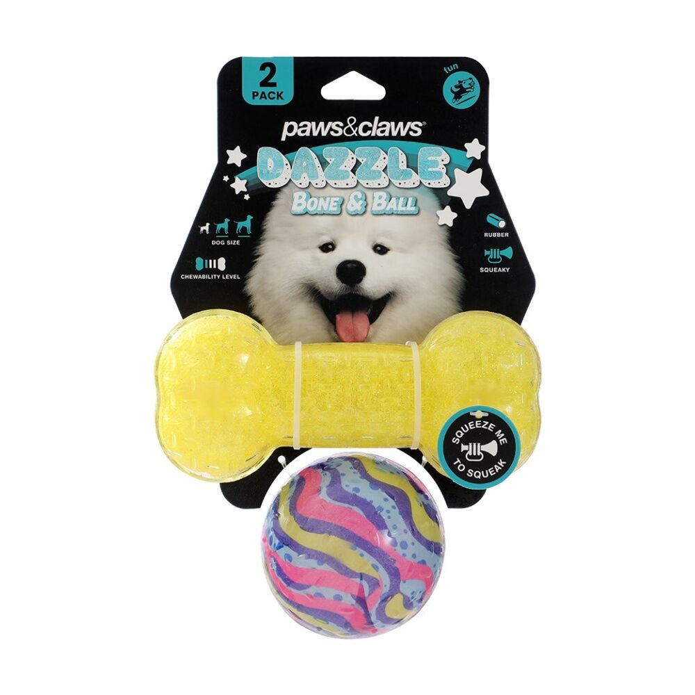 Paws and Claws 2pc Paws And Claws Dazzle Bone Printed Ball Pet Dog Toy Set Assorted (12 Pack) — image 2