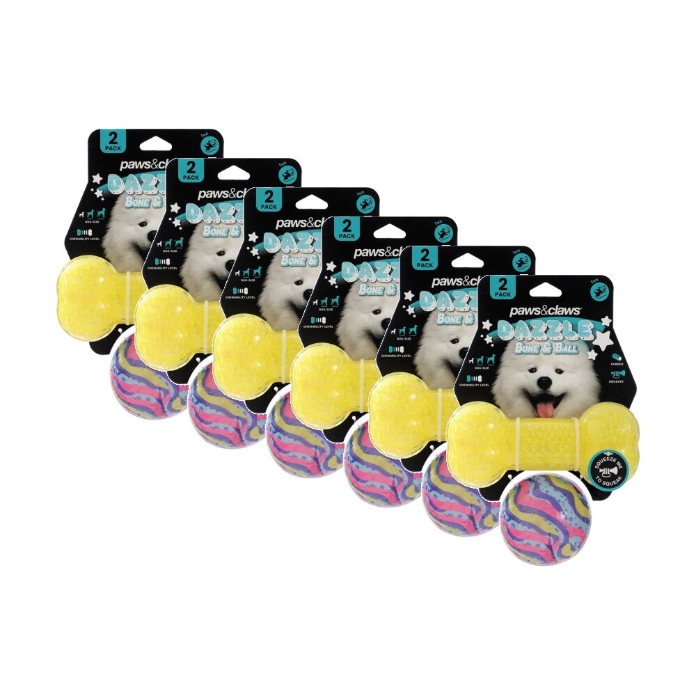 Paws and Claws 6x 2pc Dazzle Bone Printed Ball Pet Dog Toy Set