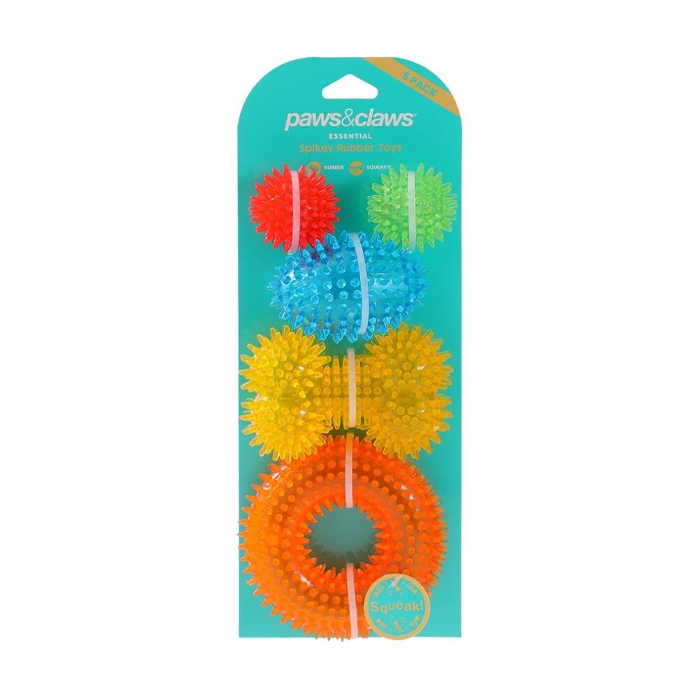 Paws and Claws Spikey Durable TPR Rubber Pet Dog Toy Set Multicoloured (5 Pieces)