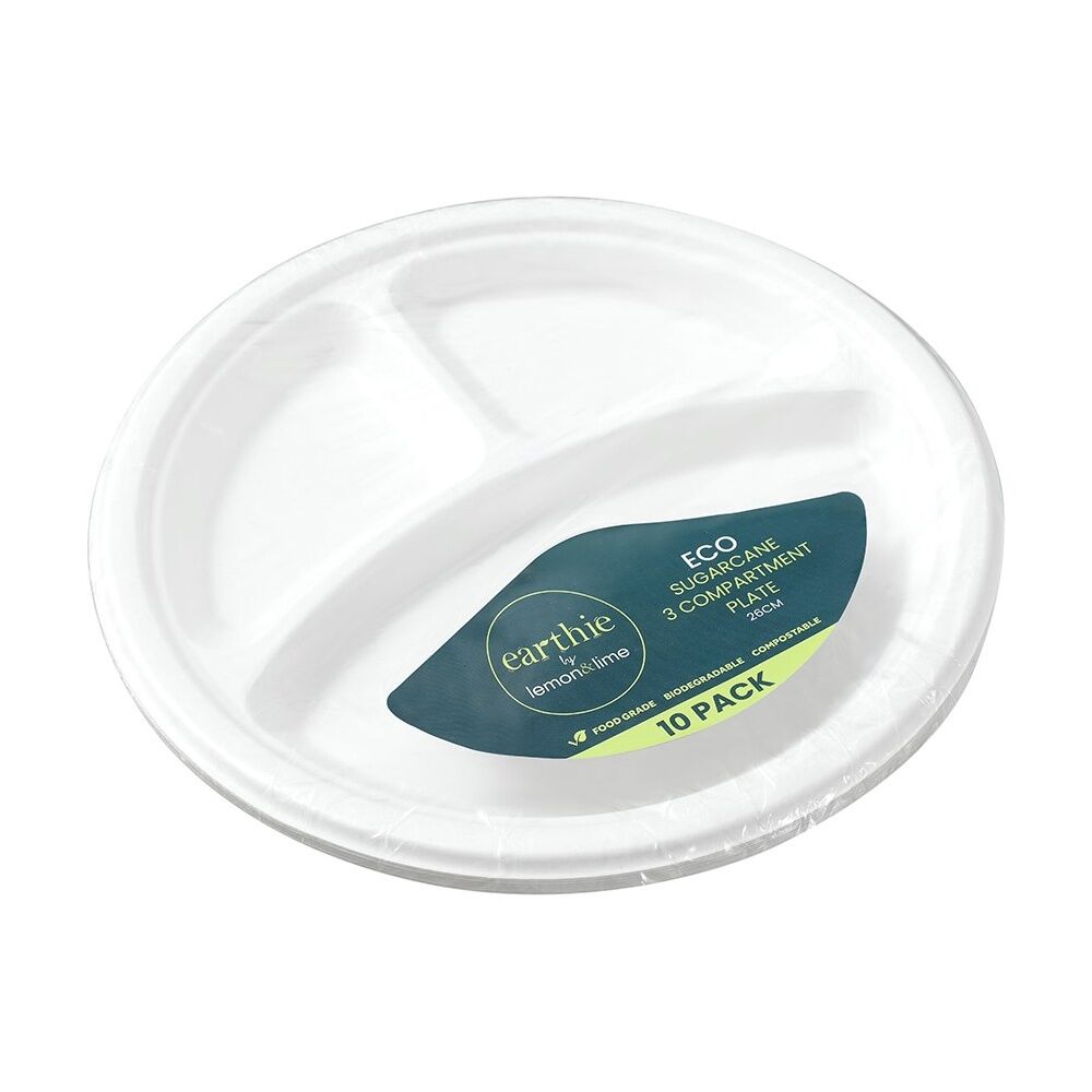 Lemon and Lime Sugarcane 3 Compartment Plate Compost White 26cm (10 Pieces)
