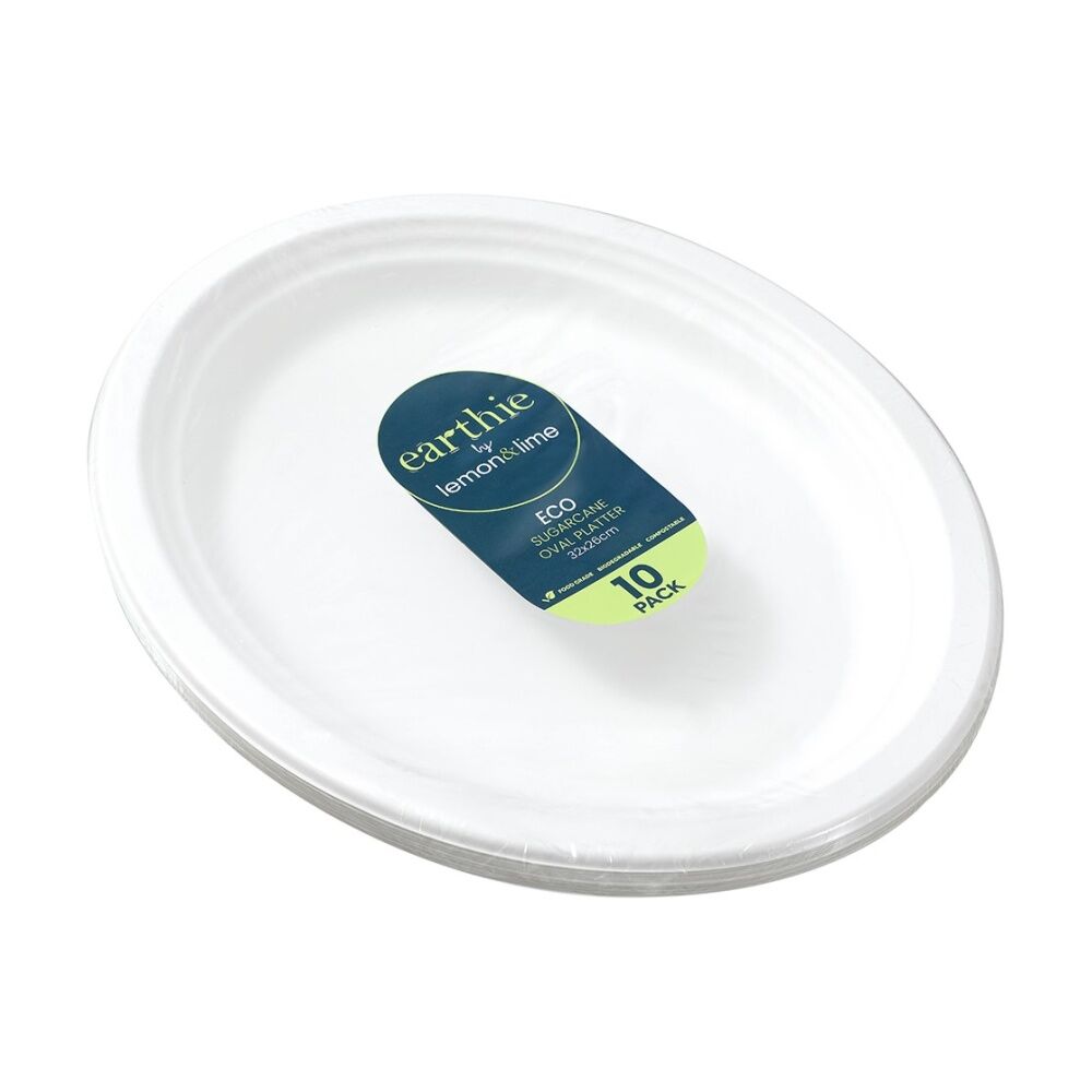 Lemon and Lime Sugarcane Oval Platter Compostable White 32x26cm (10 Pieces)
