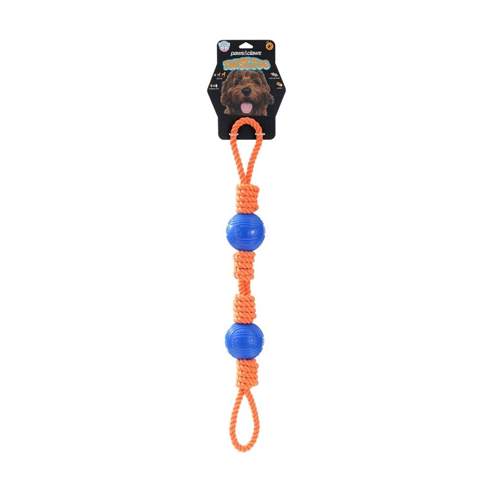 Paws and Claws Pet Dog Toy Twist And Tug Double Loop Rope And TPR Assorted 69X7CM - Durable Woven Rope - Helps Keep Teeth And Gums Healthy - Medium