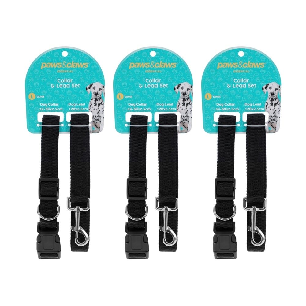 Paws and Claws Essentials Pet Dog Collar & Lead Set Large Assorted (3 Pack)