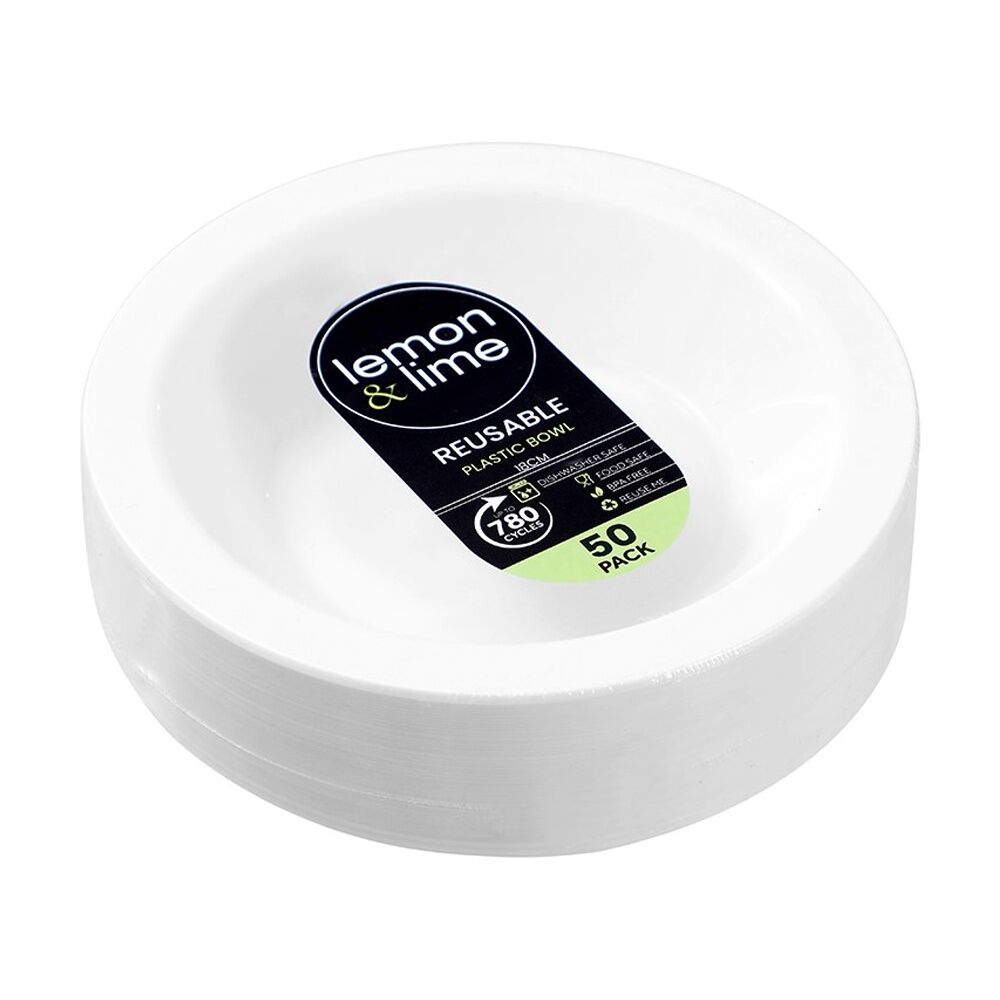 Lemon and Lime Reusable Plastic Food Serving Bowls Dinner Set White 18cm (50 Pieces)