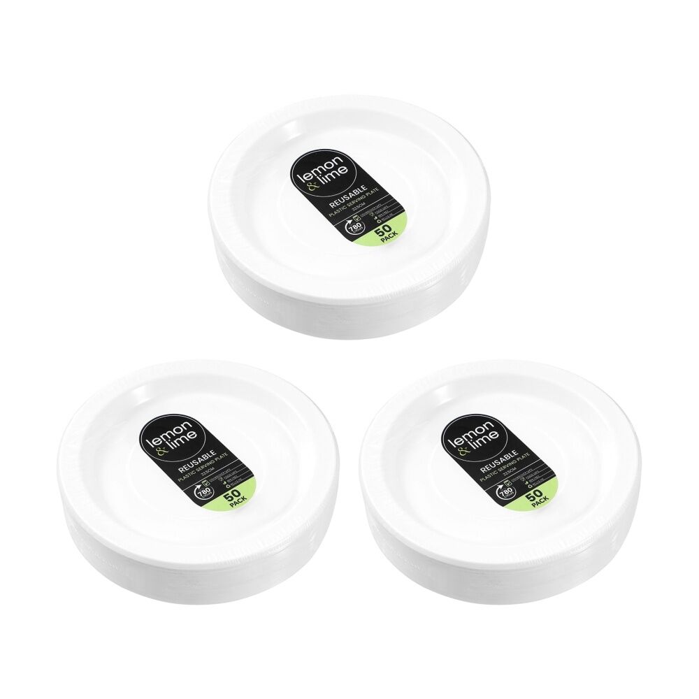 Lemon and Lime 50pc Lemon And Lime Reusable Plastic Food Serving Plates Dinner Set White 22.5cm (3 Pack)
