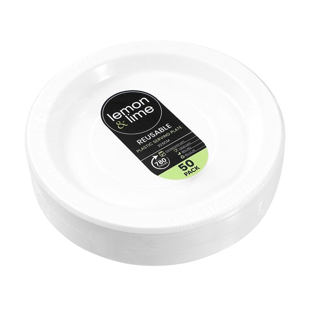 Lemon and Lime 50pc Lemon And Lime Reusable Plastic Food Serving Plates Dinner Set White 22.5cm (3 Pack) — image 2