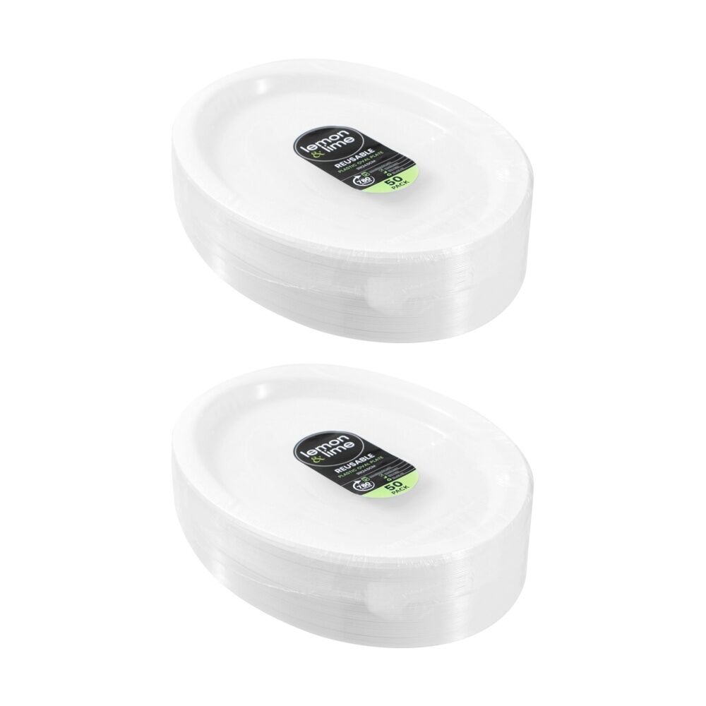 Lemon and Lime 50pc Lemon And Lime Reusable Plastic Food Oval Plate Dinner Set White 31x24.5cm (2 Pack)