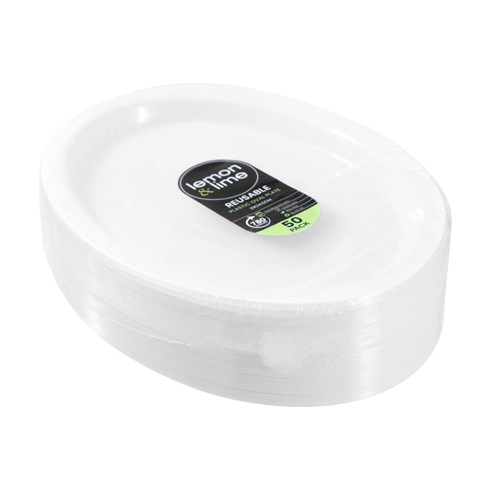 Lemon and Lime 50pc Lemon And Lime Reusable Plastic Food Oval Plate Dinner Set White 31x24.5cm (2 Pack) — image 2
