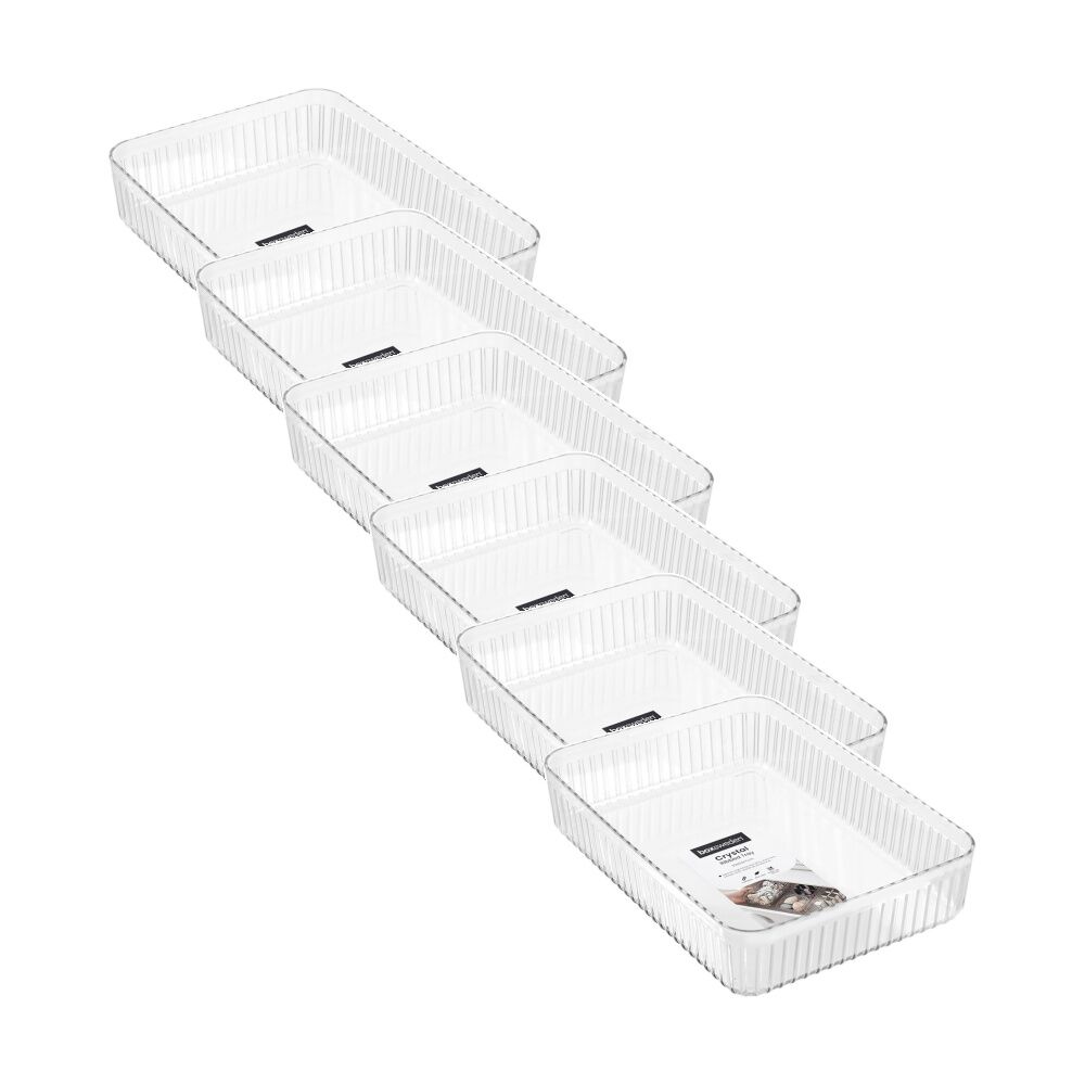 Boxsweden Crystal Ribbed Tray Modular Design Storage Container Clear 32x23x7cm (6 Pack)