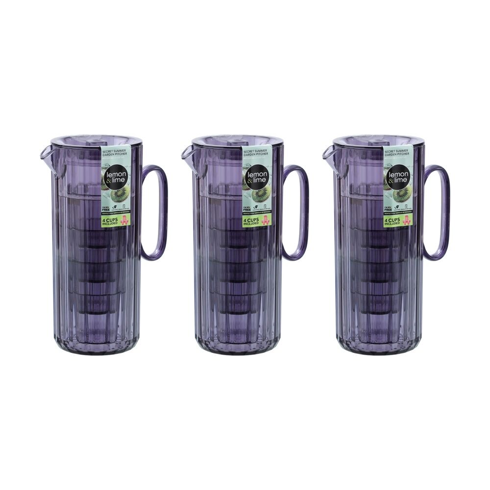 Lemon and Lime Secret Summer Garden Pitcher w/ 4 Cup Jug Set 1.9L/370ml Assorted (3 Pack)