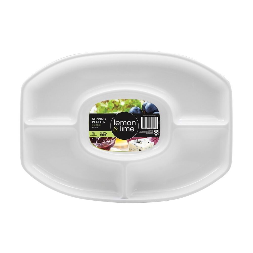 Lemon and Lime 46x33cm White Serving Platter 4 Section Plate Oval Plastic