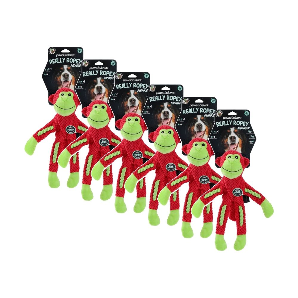 Paws and Claws Plush Monkey Pet Dog Chew/Tug Toy w/ Rope Skeleton Assorted (6 Pack)