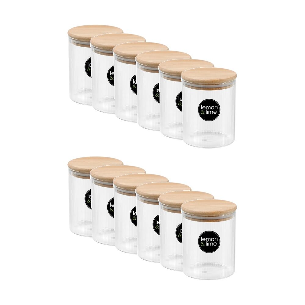 Lemon and Lime Camden Ribbed Glass Jar Bamboo Lid Food Storage Container 650ml (12 Pack)