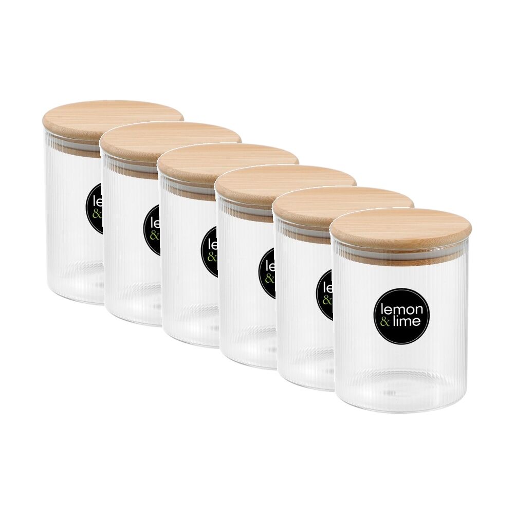 Lemon and Lime Camden Ribbed Glass Jar Bamboo Lid Food Storage Container 650ml (6 Pack)