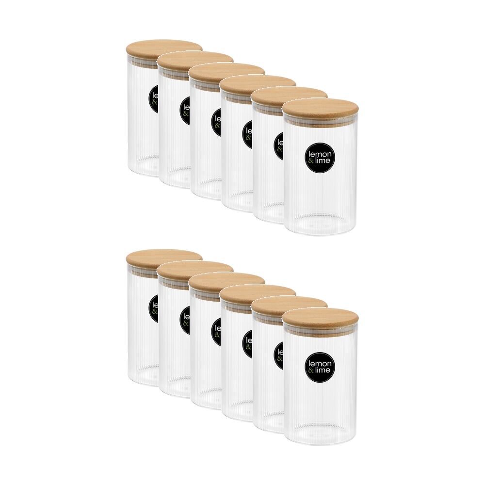 Lemon and Lime Camden Ribbed Glass Jar Bamboo Lid Food Storage Container 1050ml (12 Pack)