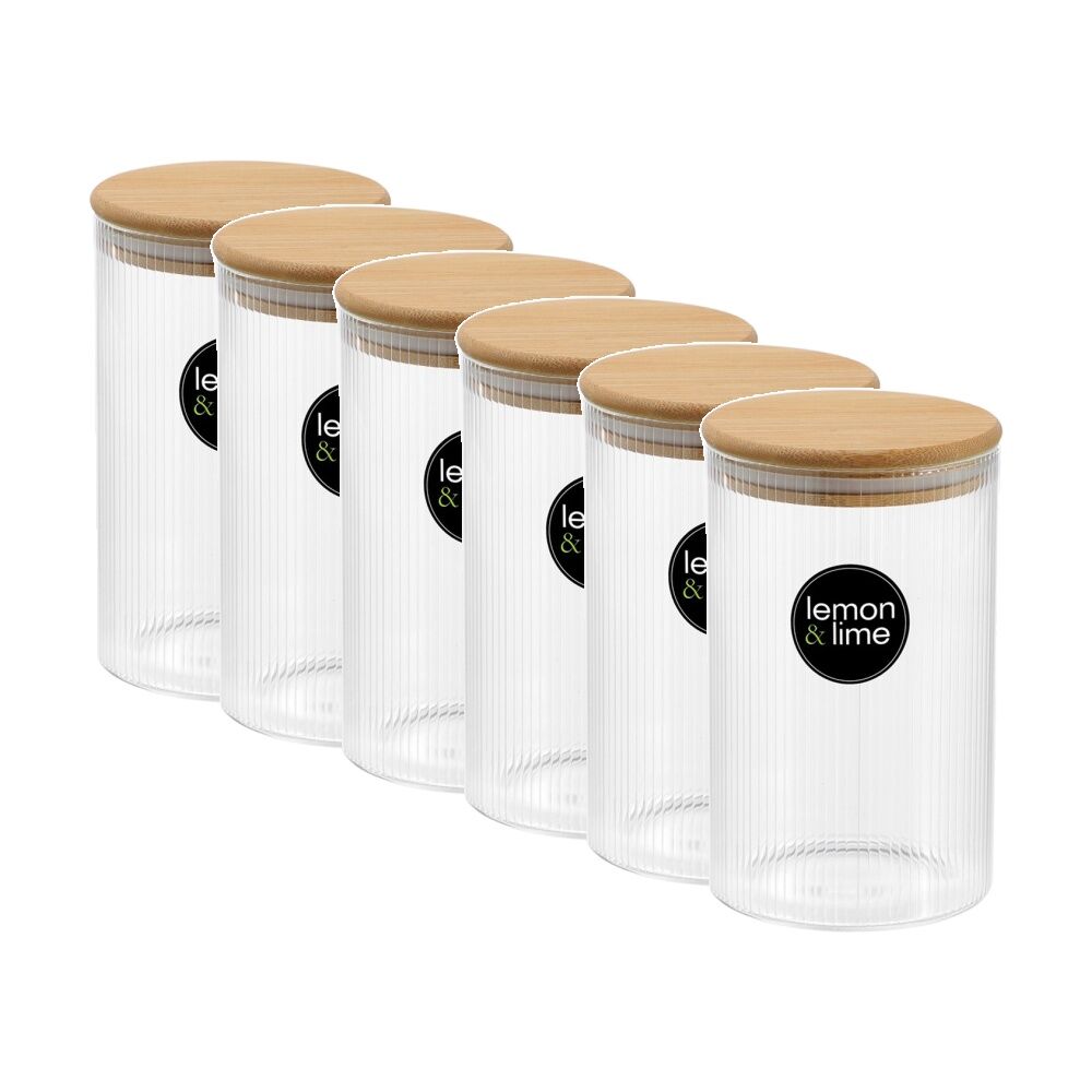 Lemon and Lime Camden Ribbed Glass Jar Bamboo Lid Food Storage Container 1050ml (6 Pack)