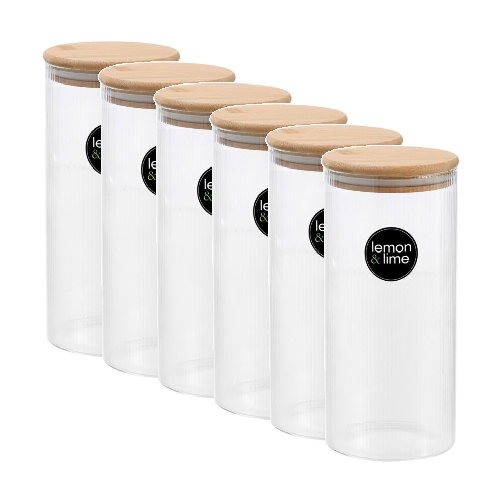 Lemon and Lime Camden Ribbed Glass Jar Bamboo Lid Food Storage Container 1400ml (6 Pack)