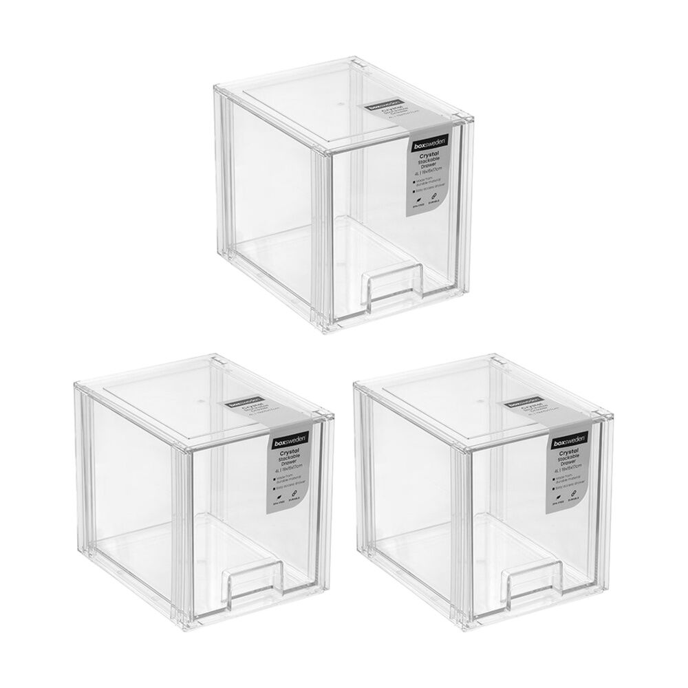 Boxsweden Crystal Stackable Drawer Organisation Storage Container Clear 4L (3 Pack)