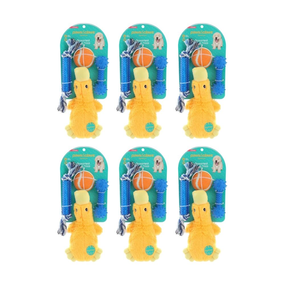 Paws and Claws 6x 4pc Pet Dog Toys Plush Rope & Baton Ball Set
