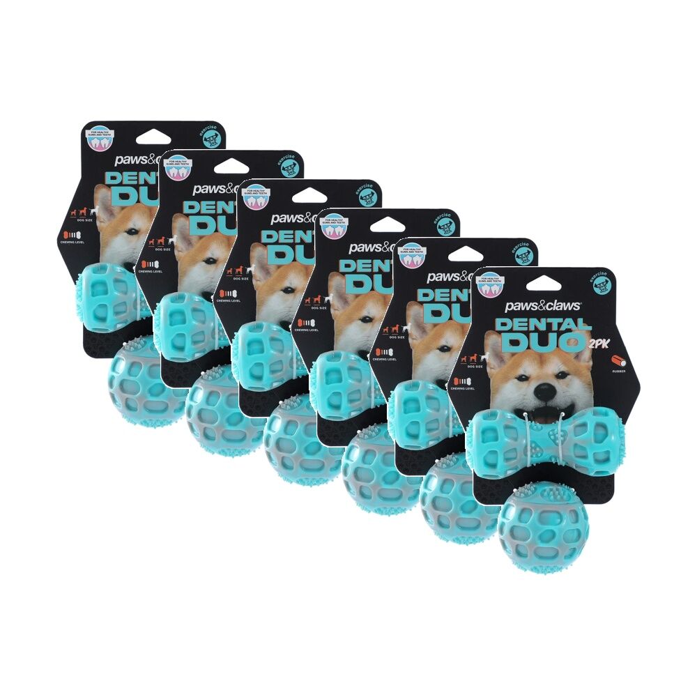 Paws and Claws Pet Dog Toy Dental Duo TPR Ball Baton Asst 13x5x5cm 7x7cm (6 Pack)