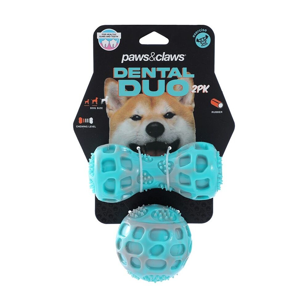 Paws and Claws Pet Dog Toy Dental Duo TPR Ball Baton Asst 13x5x5cm 7x7cm