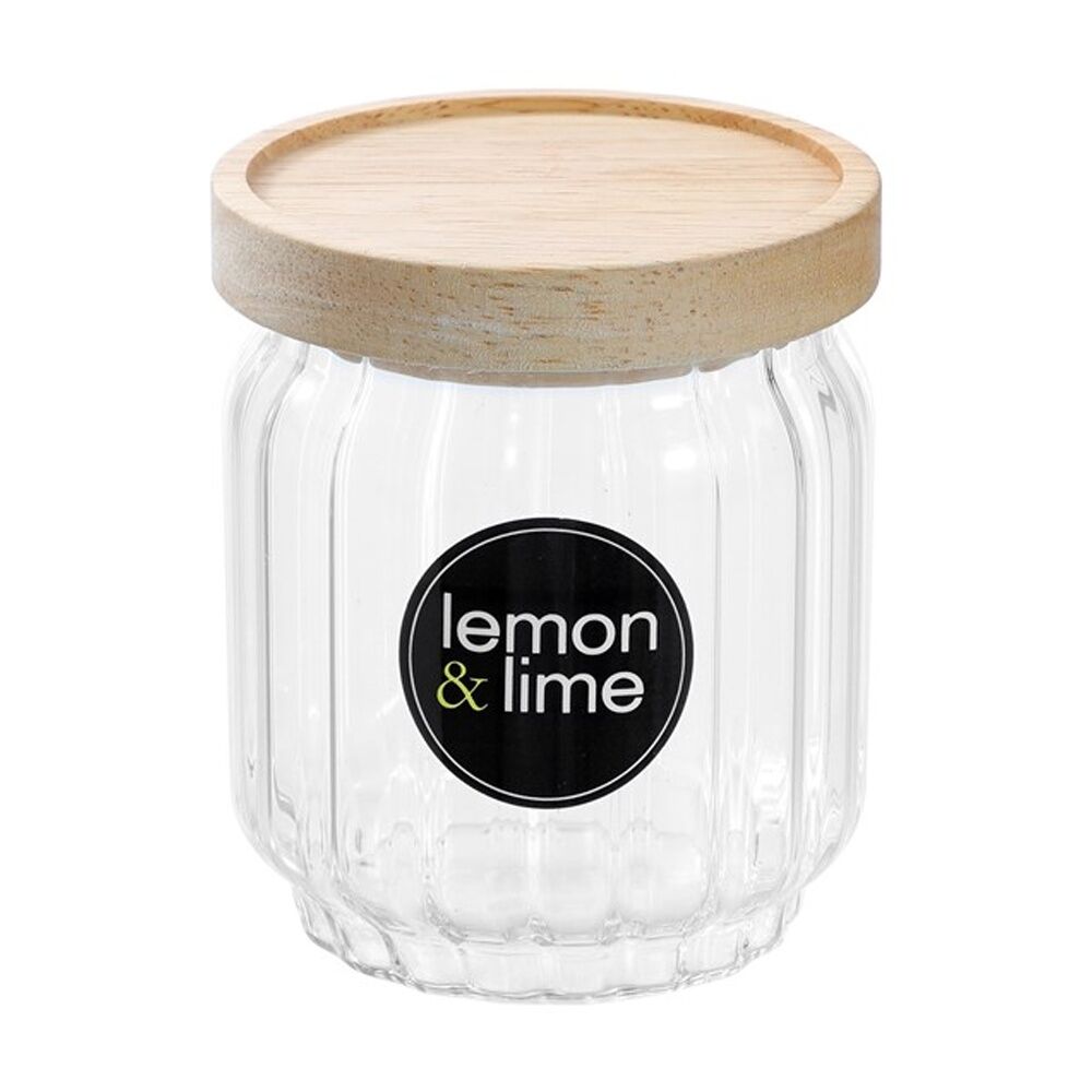 Lemon and Lime Woodend Ribbed Glass Jar Reusable Food Container 500ml