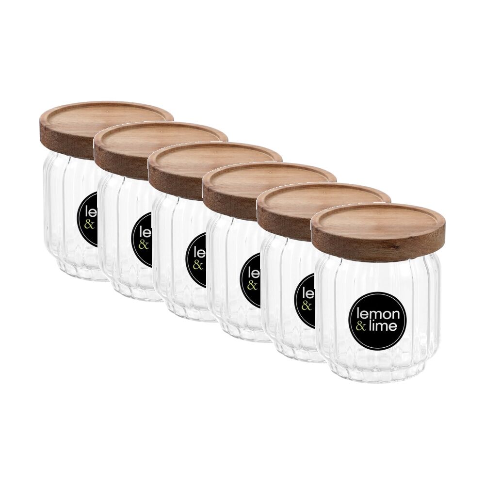 Lemon and Lime Woodend Acacia Glass Jar Reusable Food Container 500ml (6 Pack)
