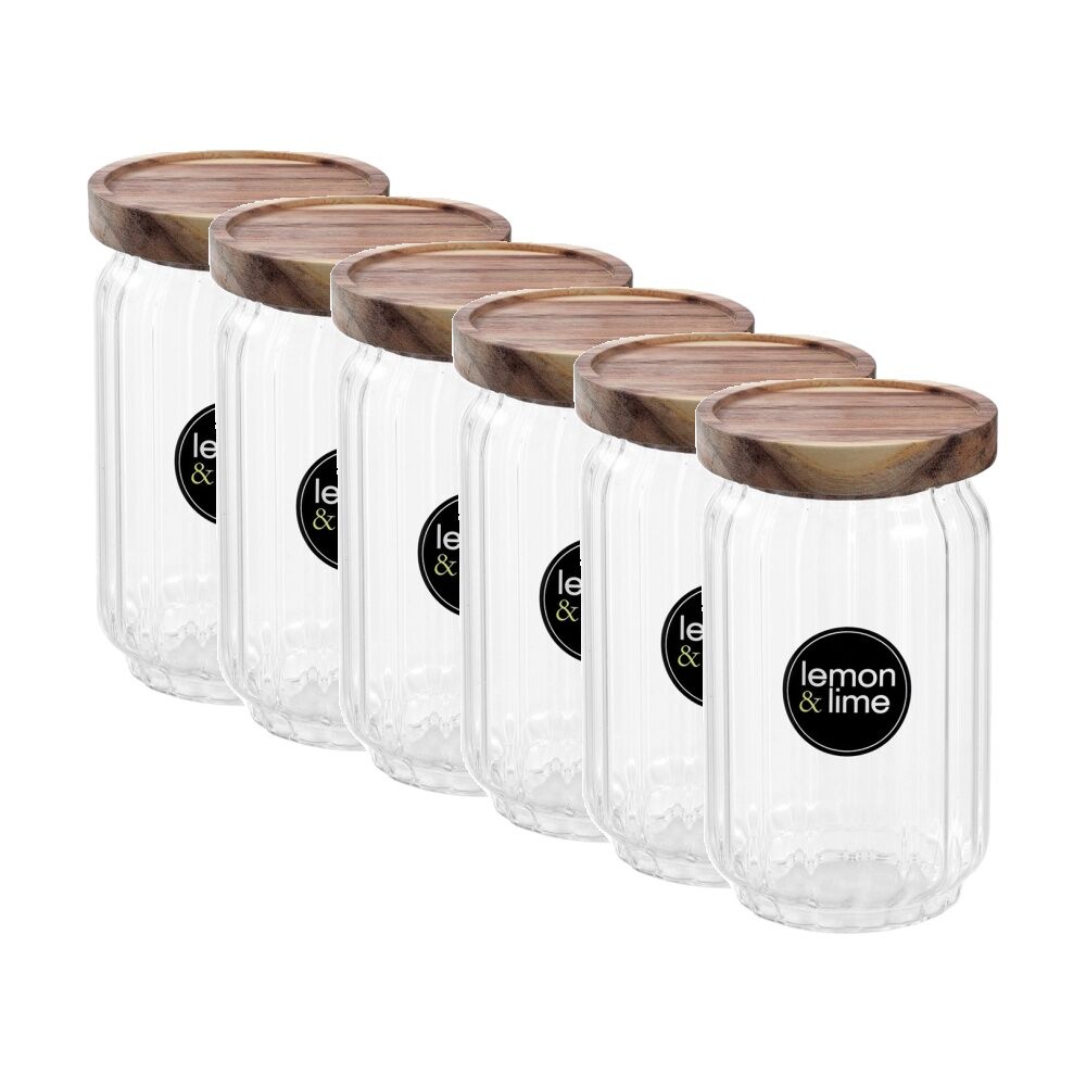 Lemon and Lime Woodend Acacia Glass Jar Reusable Food Container 750ml (6 Pack)