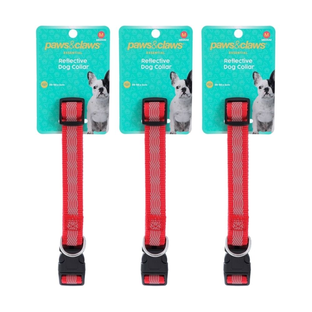 Paws and Claws Reflective Pet Dog Collar Assorted Medium 35-50cm x 2cm (3 Pack)