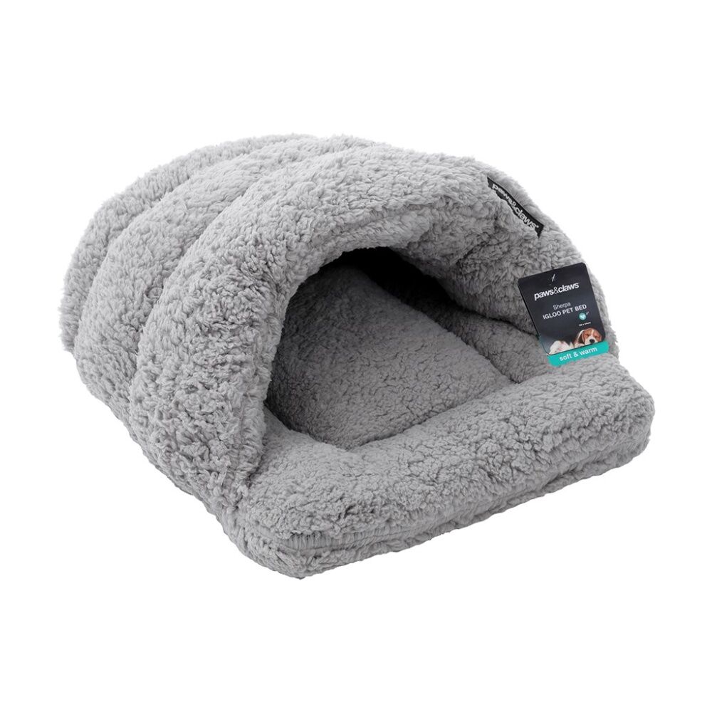 Paws and Claws Sherpa Igloo Pet Dog Cat Bed 58X44CM - Soft Sherpa Material For Natural Warmth - Comfortable And Secure Design - Grey Color Plush Pet
