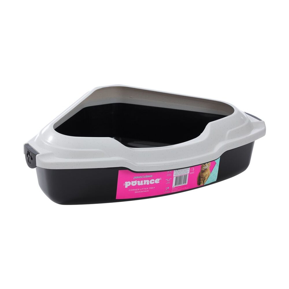 Paws and Claws Pounce Corner Litter Tray Rim - Durable Plastic Cat Litter Box With Raised Edge And Handles - 56x43x14cm - Black Base White Rim.