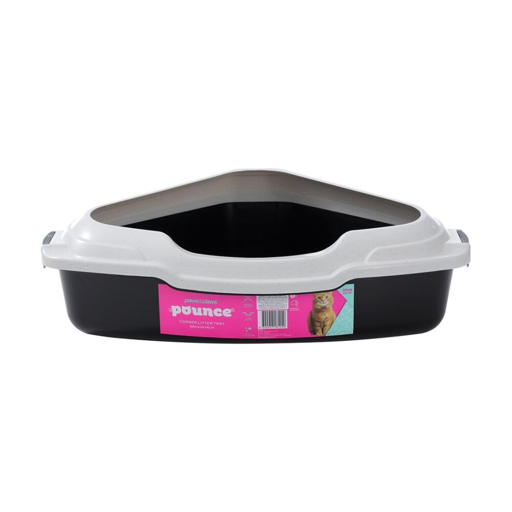 Paws and Claws Pounce Corner Litter Tray Rim - Durable Plastic Cat Litter Box With Raised Edge And Handles - 56x43x14cm - Black Base White Rim. — image 2