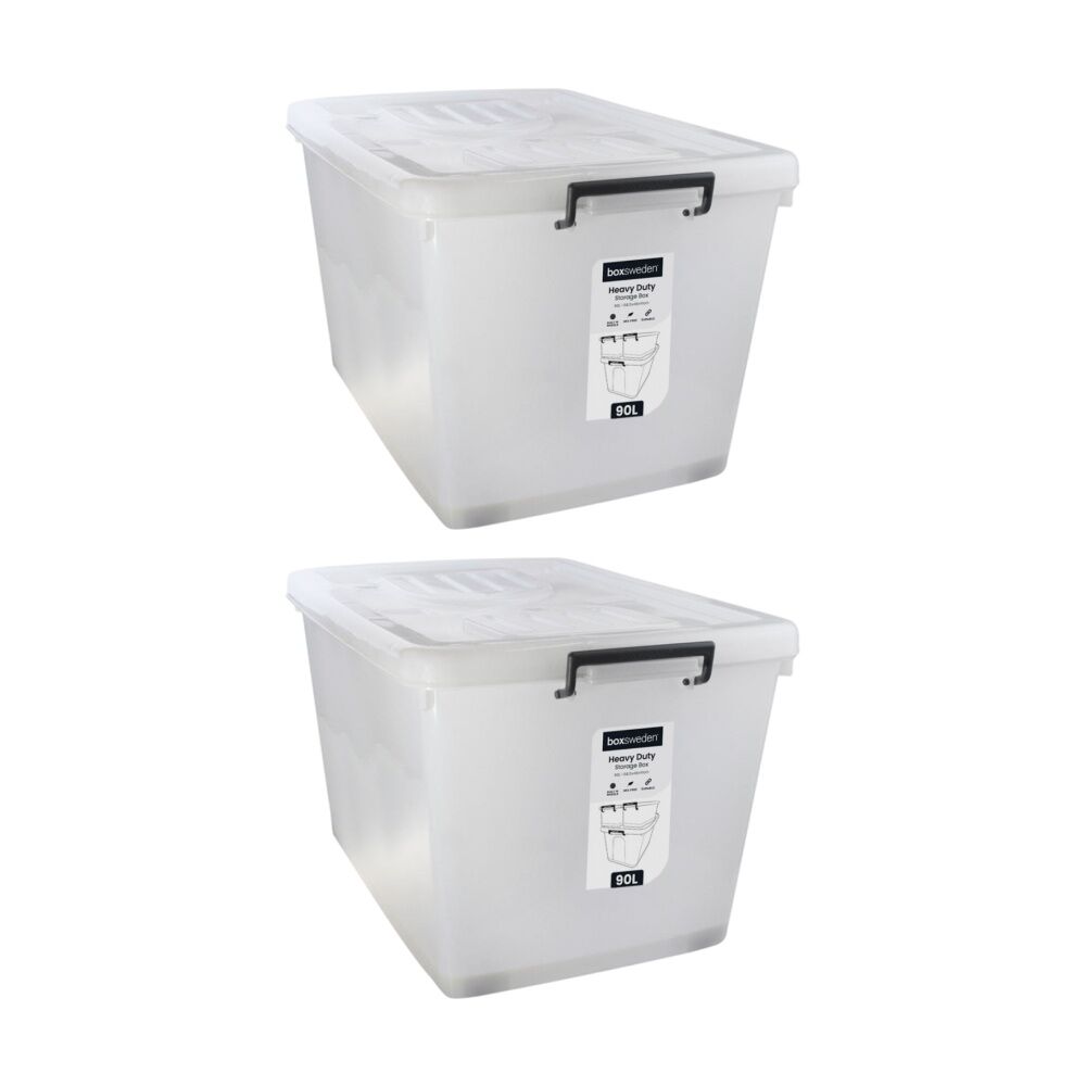 Boxsweden Heavy Duty Organisation Storage Box w/ Wheels Clear 90L (2 Pack)