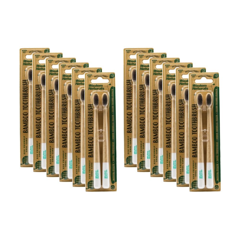 Wisdom 2pc Wisdom Naturals Biodegradable Toothbrushes w/ Charcoal Bristles Bamboo (12 Pack)