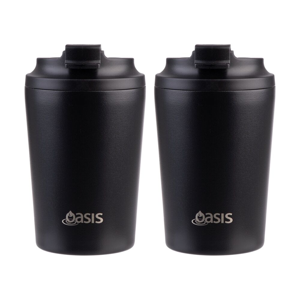 Oasis Ceramic Stainless Steel Coffee Cup D/Wall Insulated Black 235ml (2 Pack)